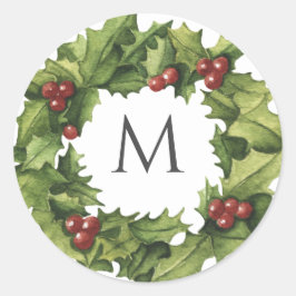 Holly Berries Wreath Monogram Winter Wedding Runder Aufkleber