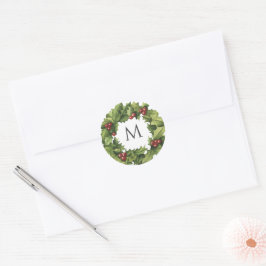 Holly Berries Wreath Monogram Winter Wedding Runder Aufkleber
