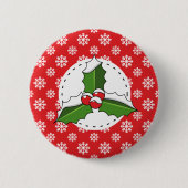 Holly Berry auf Red White Snowflakes Pattern Button (Vorderseite)