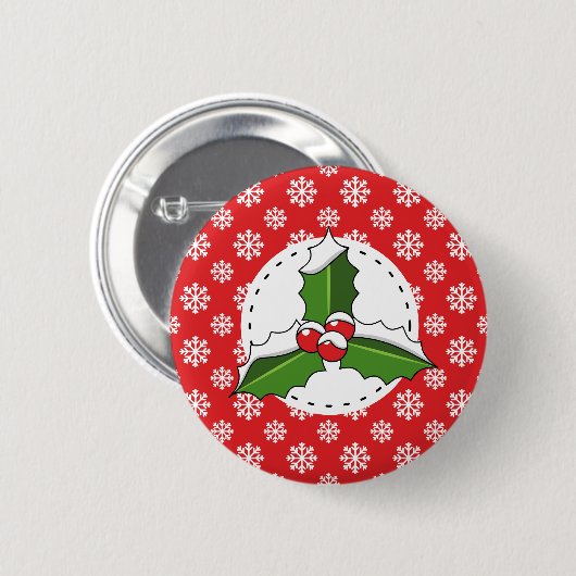 Holly Berry auf Red White Snowflakes Pattern Button (Vorne & Hinten)