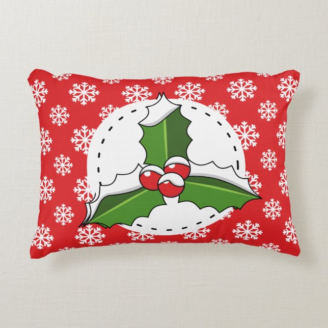 Holly Berry auf Red White Snowflakes Pattern Dekokissen (Vorderseite)