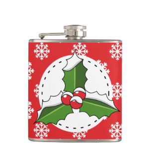 Holly Berry auf Red White Snowflakes Pattern Flachmann