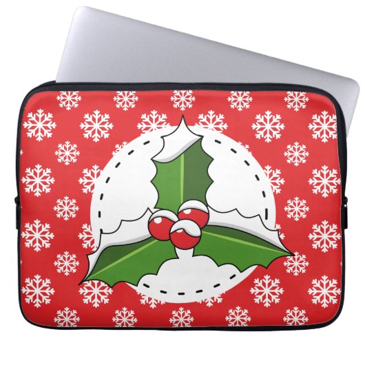 Holly Berry auf Red White Snowflakes Pattern Laptopschutzhülle (Vorderseite)