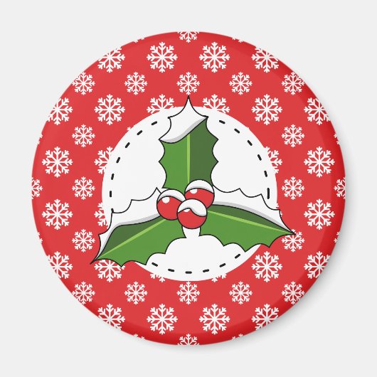 Holly Berry auf Red White Snowflakes Pattern Magnet (Vorne)