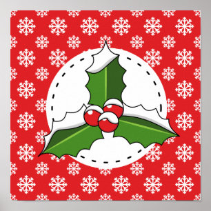 Holly Berry auf Red White Snowflakes Pattern Poster
