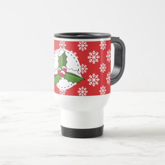 Holly Berry auf Red White Snowflakes Pattern Reisebecher (VorderseiteRechts)