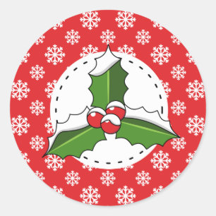 Holly Berry auf Red White Snowflakes Pattern Runder Aufkleber