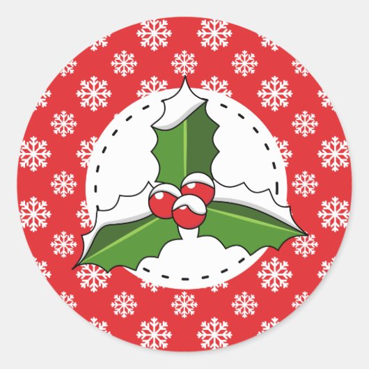 Holly Berry auf Red White Snowflakes Pattern Runder Aufkleber (Vorderseite)