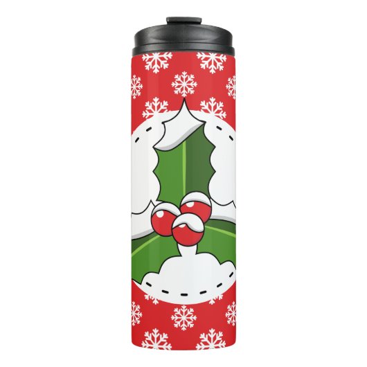 Holly Berry auf Red White Snowflakes Pattern Thermosbecher (Vorderseite)