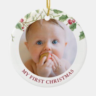 Holly Berry Baby erstes Weihnachtsfoto-Fest Keramik Ornament
