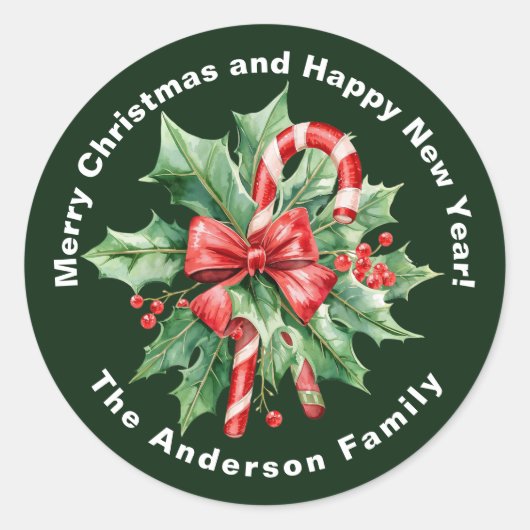 Holly Berry Candy Cane Christmas Custom text Runder Aufkleber (Vorderseite)