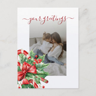 Holly Berry Candy Script Family Photo Greetings Postkarte