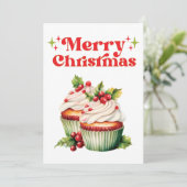 Holly Berry Christmas Cupcake Feiertagskarte (Stehend Vorderseite)