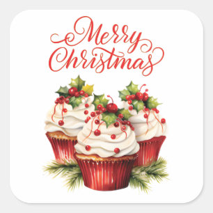 Holly Berry Christmas Cupcake Quadratischer Aufkleber