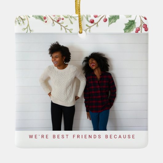 Holly Berry Christmas Holiday Best Friend 2 Photos Keramikornament (Vorderseite)