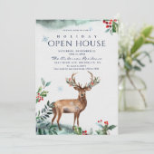 Holly Berry Deer Christmas Holiday Open House Einladung (Stehend Vorderseite)