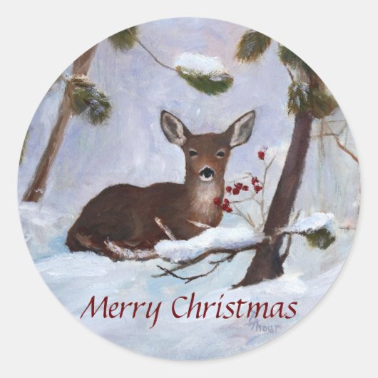 Holly Berry Deer Christmas Runder Aufkleber (Vorderseite)
