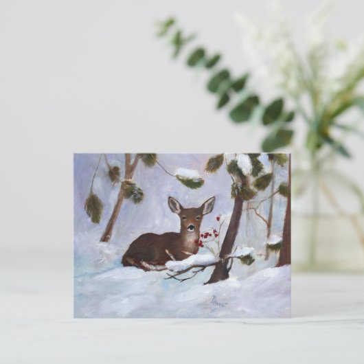 Holly Berry Deer Postcard Postkarte (Stehend Vorderseite)