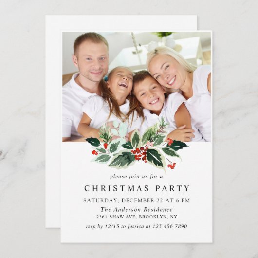 Holly Berry Festival FOTO Holiday Christmas Party Einladung (Vorne/Hinten)