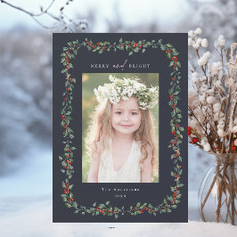 Holly Berry Frame Merry & Bright Foto Navy Feiertagskarte
