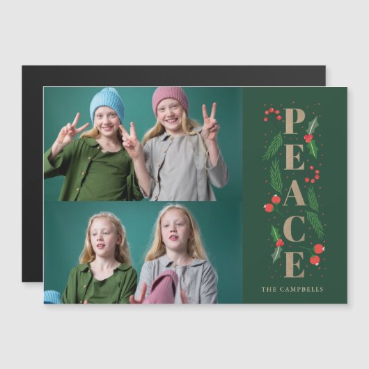 Holly Berry Gold Peace Foto Holiday Magnetkarte (Vorne/Hinten)