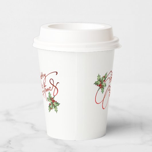 Holly Berry Gradient Red Script Frohe Weihnachten Pappbecher (Rechts)