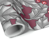 Holly Berry, gray leaves on dark red Geschenkpapier (Rolleneckpunkt)