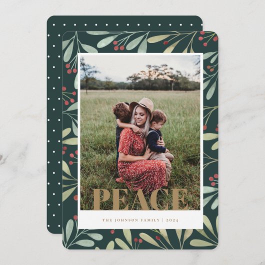 Holly Berry Green Gold Peace Christmas Foto Card Einladung (Vorne/Hinten)