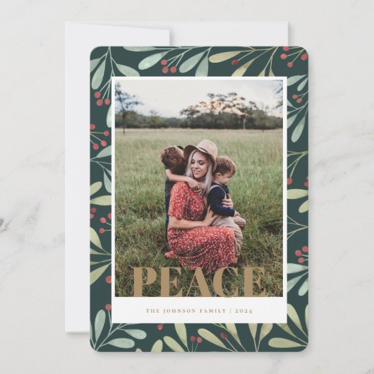 Holly Berry Green Gold Peace Christmas Foto Card Einladung (Vorderseite)