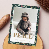 Holly Berry Green Gold Peace Christmas Foto Card