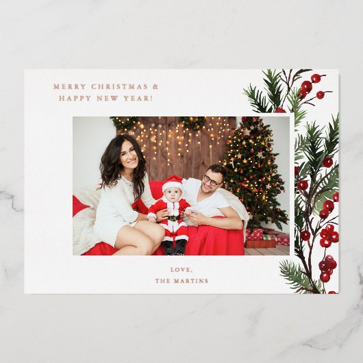 Holly Berry H Foto Holiday oder Weihnachten Folieneinladung (Vorderseite)