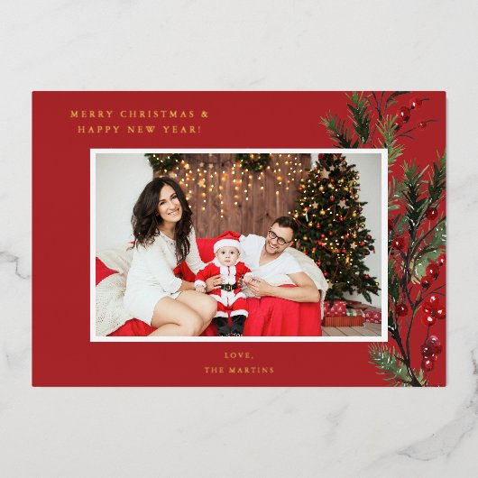 Holly Berry H Foto Urlaub oder Weihnachten - Rot Folieneinladung (Vorderseite)