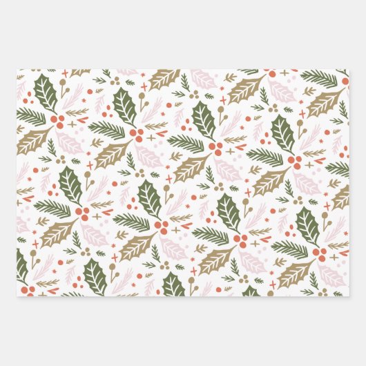 Holly Berry Hand Drawn farbenfrohe Urlaubsmuster Geschenkpapier Set (Vorderseite)