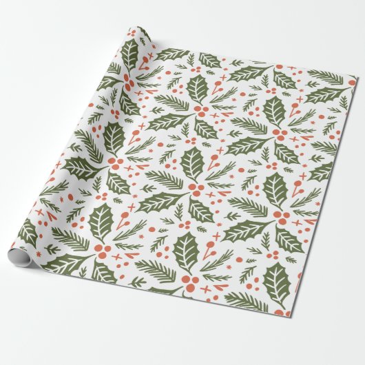 Holly Berry Hand Drawn Illustration Muster Green Geschenkpapier (Ungerollt)