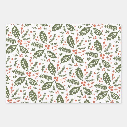 Holly Berry Hand Drawn mehrfarbig rot und grün Geschenkpapier Set (Vorderseite 2)