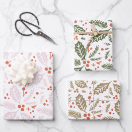 Holly Berry Handgezeichnetes mehrfarbiges Muster Geschenkpapier Set