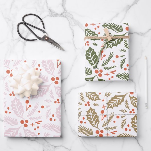Holly Berry Handgezeichnetes mehrfarbiges Muster Geschenkpapier Set (Vorderseite)
