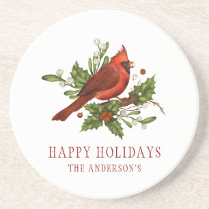 Holly Berry Kardinal Holiday Monogram Mistletoe Getränkeuntersetzer