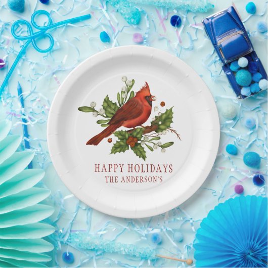 Holly Berry Kardinal Holiday Monogram Mistletoe Pappteller (Party)