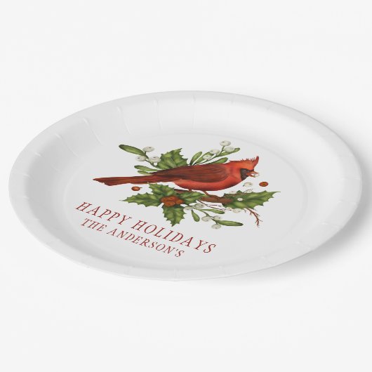 Holly Berry Kardinal Holiday Monogram Mistletoe Pappteller (Schrägansicht)