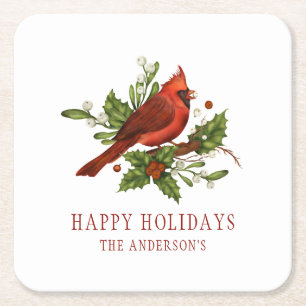 Holly Berry Kardinal Holiday Monogram Mistletoe Rechteckiger Pappuntersetzer