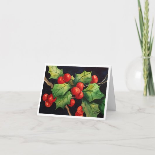 Holly Berry Night Notecard Feiertagskarte (Vorderseite)