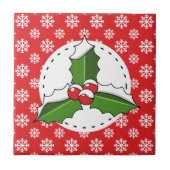 Holly Berry on Red White Snowflakes Pattern Fliese (Vorderseite)