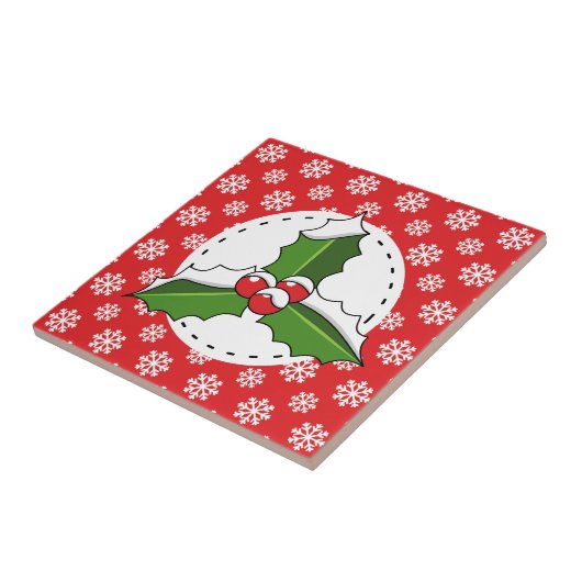 Holly Berry on Red White Snowflakes Pattern Fliese (Seite)
