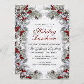 Holly Berry Pine Cones Branch Holiday Luncheon Einladung (Vorne/Hinten)