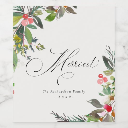 Holly Berry Pine Red Green Merriest Weihnachten Weinetikett (Einzelnes Label)