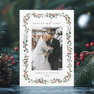Holly Berry Rahmen Married & Merry Foto Feiertagskarte