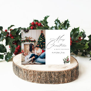 Holly Berry Simple Elegant Frohe Weihnachten Foto Einladung