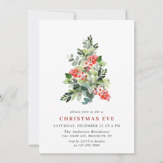 Holly Berry Tree Christmas Eve Holiday Party Einladung (Vorderseite)