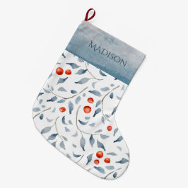 Holly Berry Watercolor Blue Typografy Country Großer Weihnachtsstrumpf